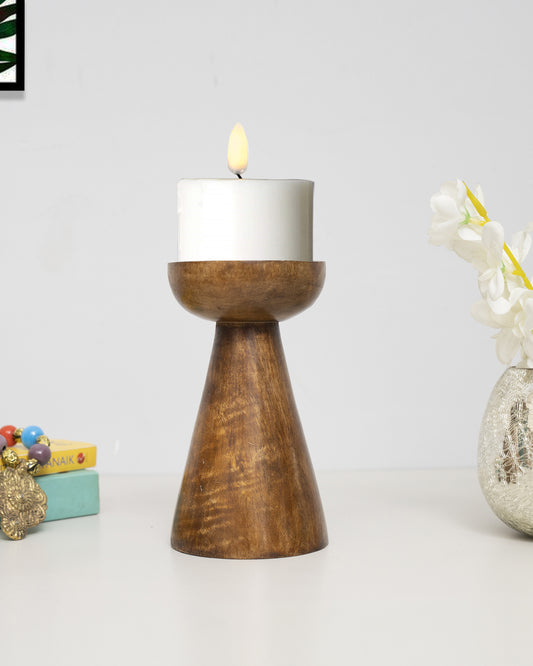 Wooden Pillar Candle Stand, Hand Crafted Wood Candle Holders for Living Room, Table Centerpiece, Hallway Decor Polish, Walnut Cone
