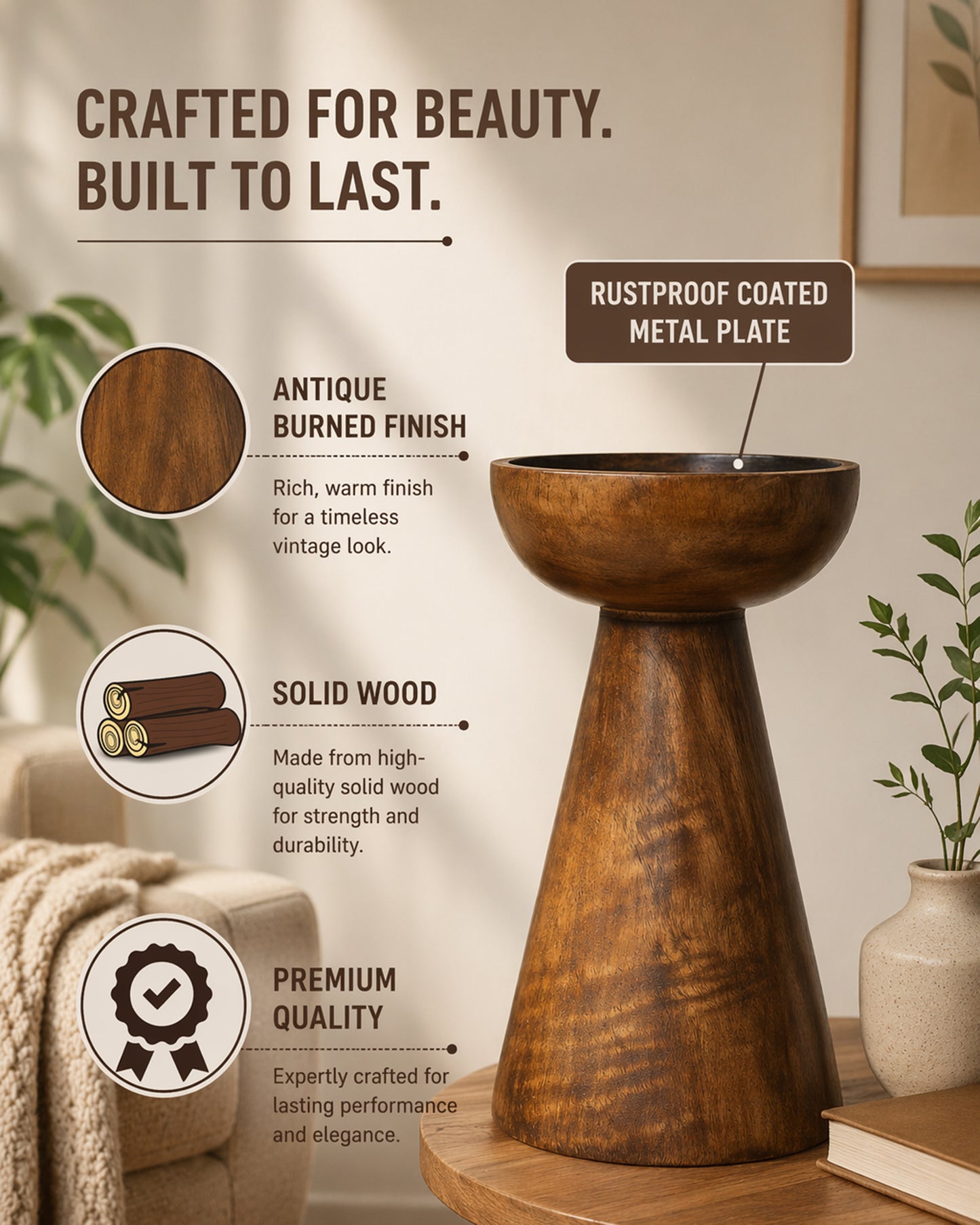 Wooden Pillar Candle Stand, Hand Crafted Wood Candle Holders for Living Room, Table Centerpiece, Hallway Decor Polish, Walnut Cone