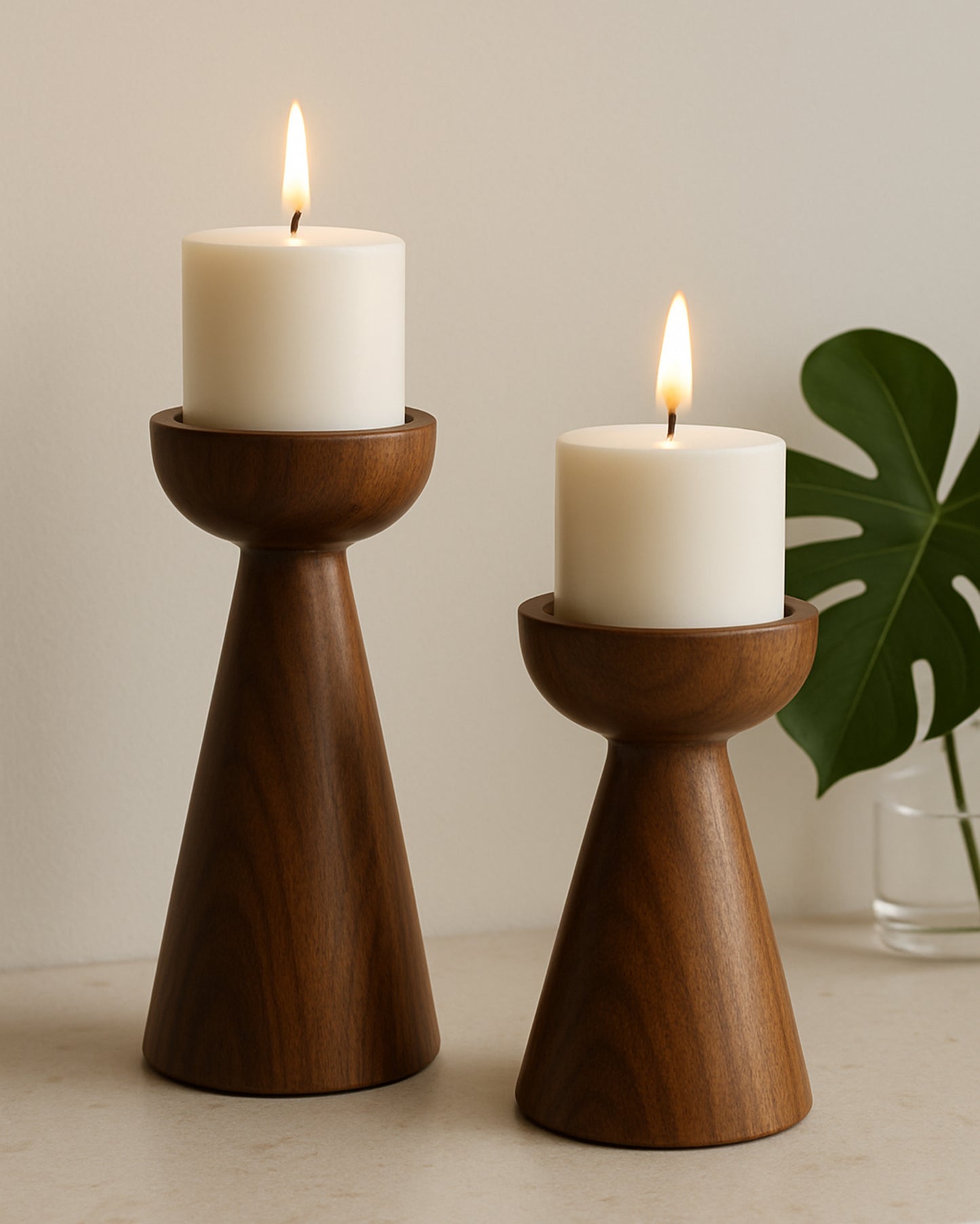 Wooden Pillar Candle Stand, Hand Crafted Wood Candle Holders for Living Room, Table Centerpiece, Hallway Decor Polish, Walnut Cone