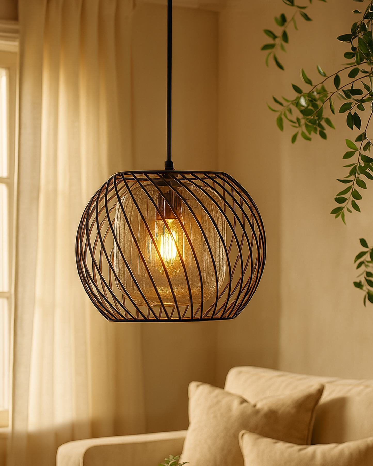 Black Twister Cage Pendant Lighting with Glass Shades,Porch Gazebo Barn Light Fixture