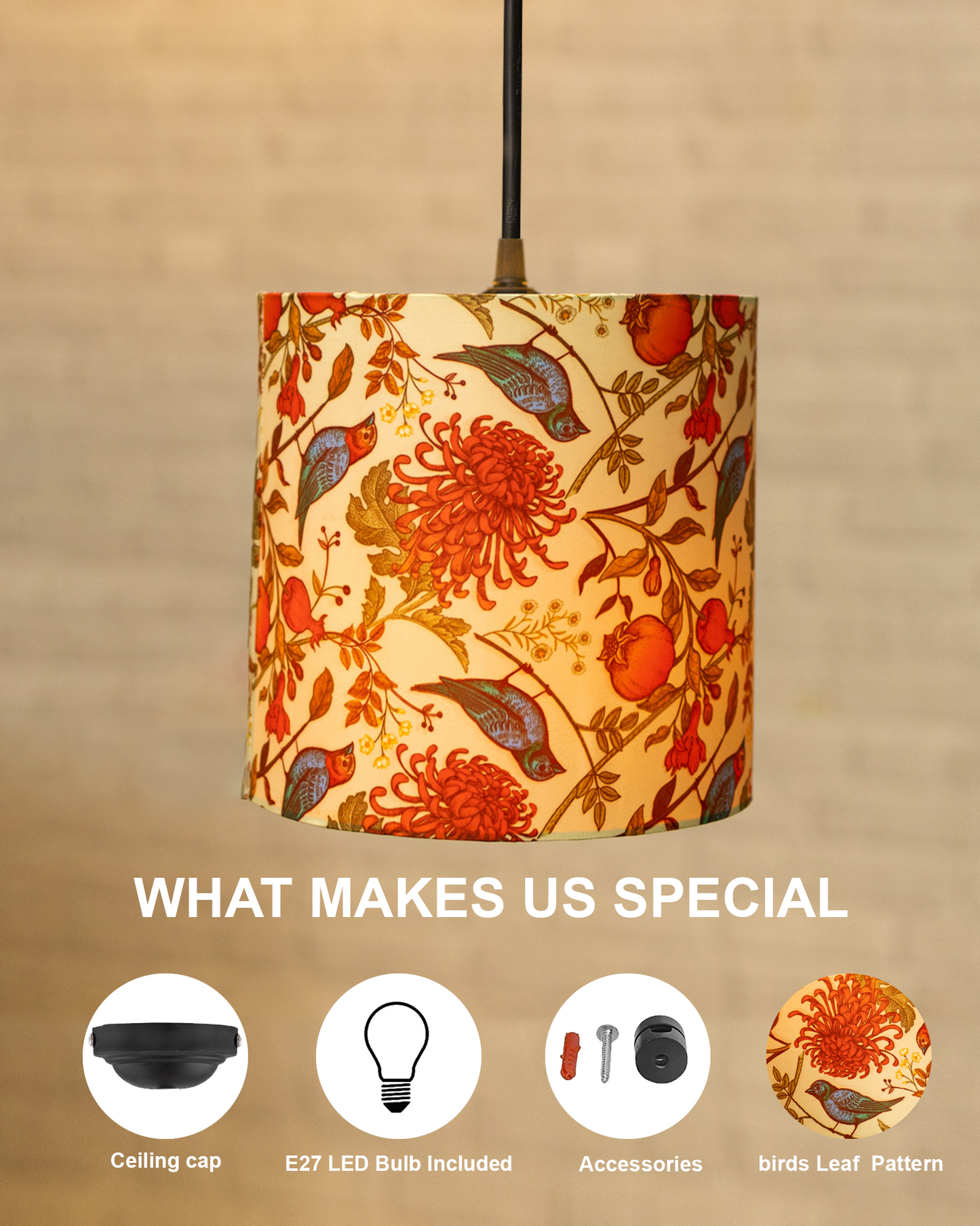 Birds Hanging Drum Lamp Shade, Decorative Light Lamp for Living Room, Home, Bedroom