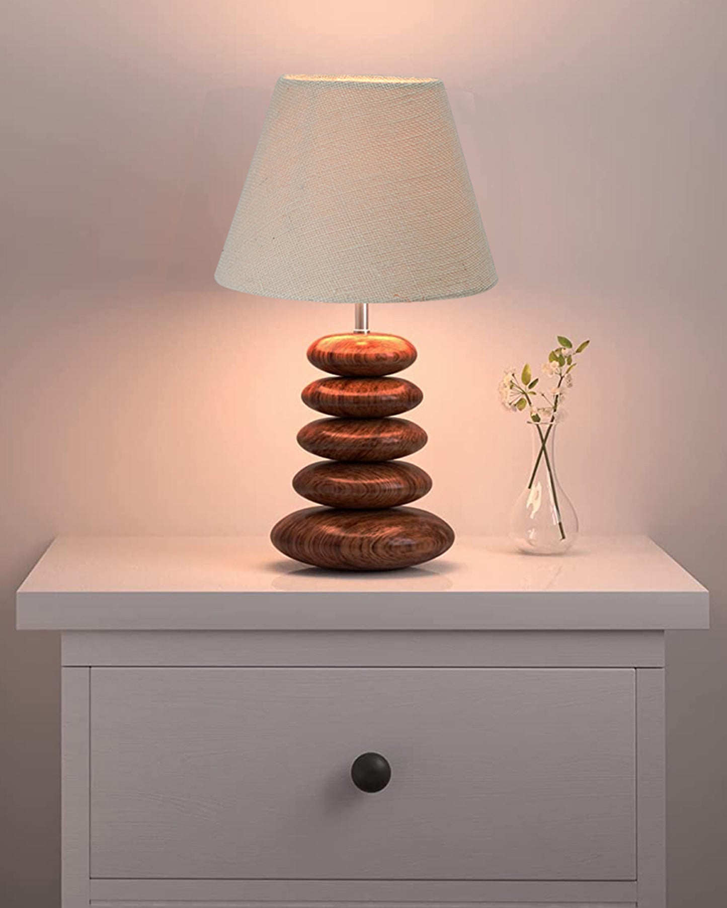 Wood Table Lamp French Country Rustic Bedside Desk Nightstand Lamp for Bedroom Living Room Office LED Bulb Included, Walnut Multi-Pebble