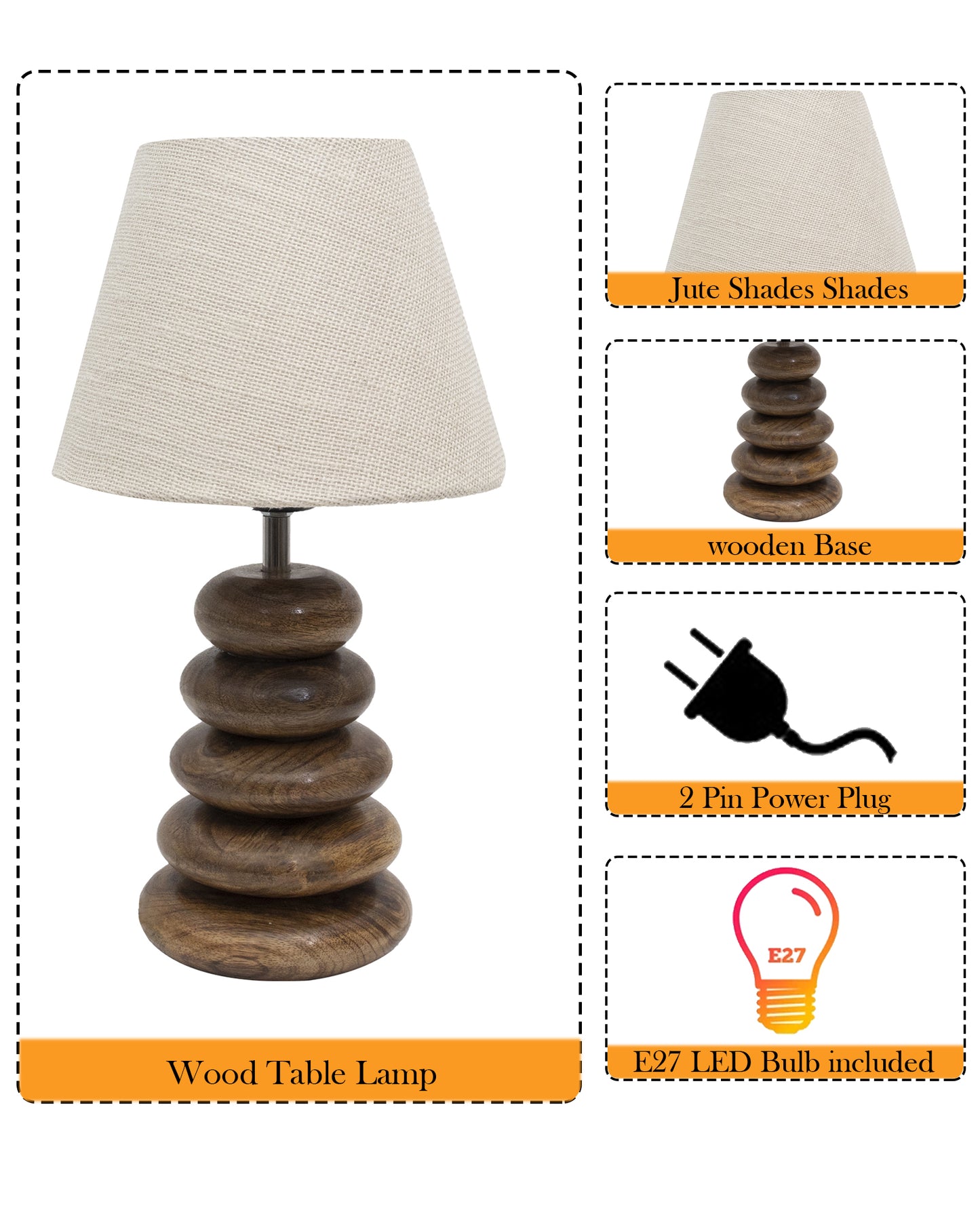 Wood Table Lamp French Country Rustic Bedside Desk Nightstand Lamp for Bedroom Living Room Office LED Bulb Included, Walnut Multi-Pebble