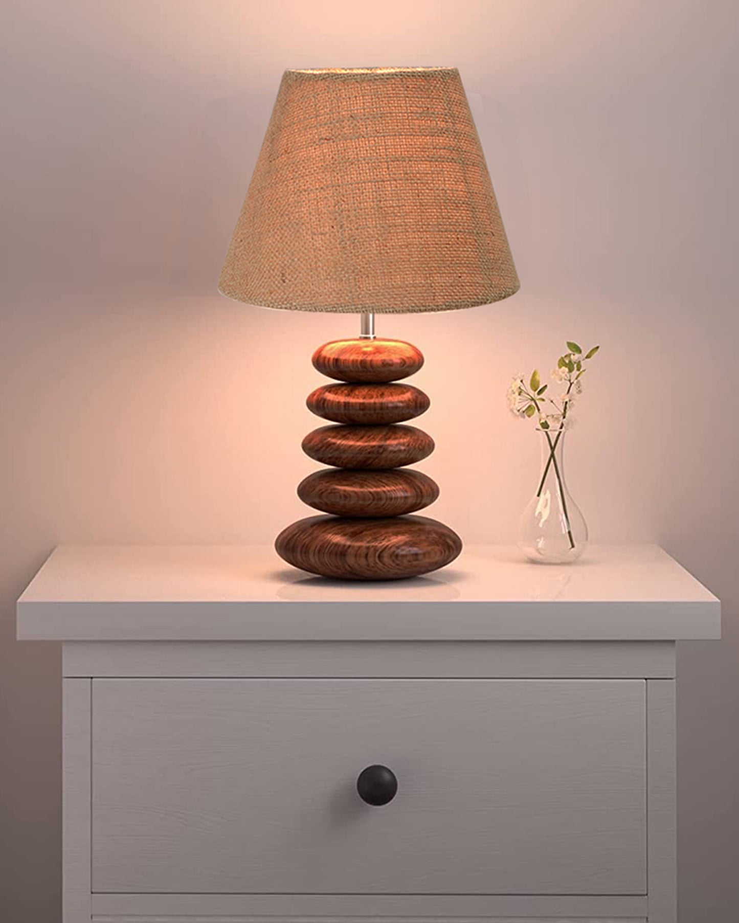 Wood Table Lamp French Country Rustic Bedside Desk Nightstand Lamp for Bedroom Living Room Office LED Bulb Included, Walnut Multi-Pebble