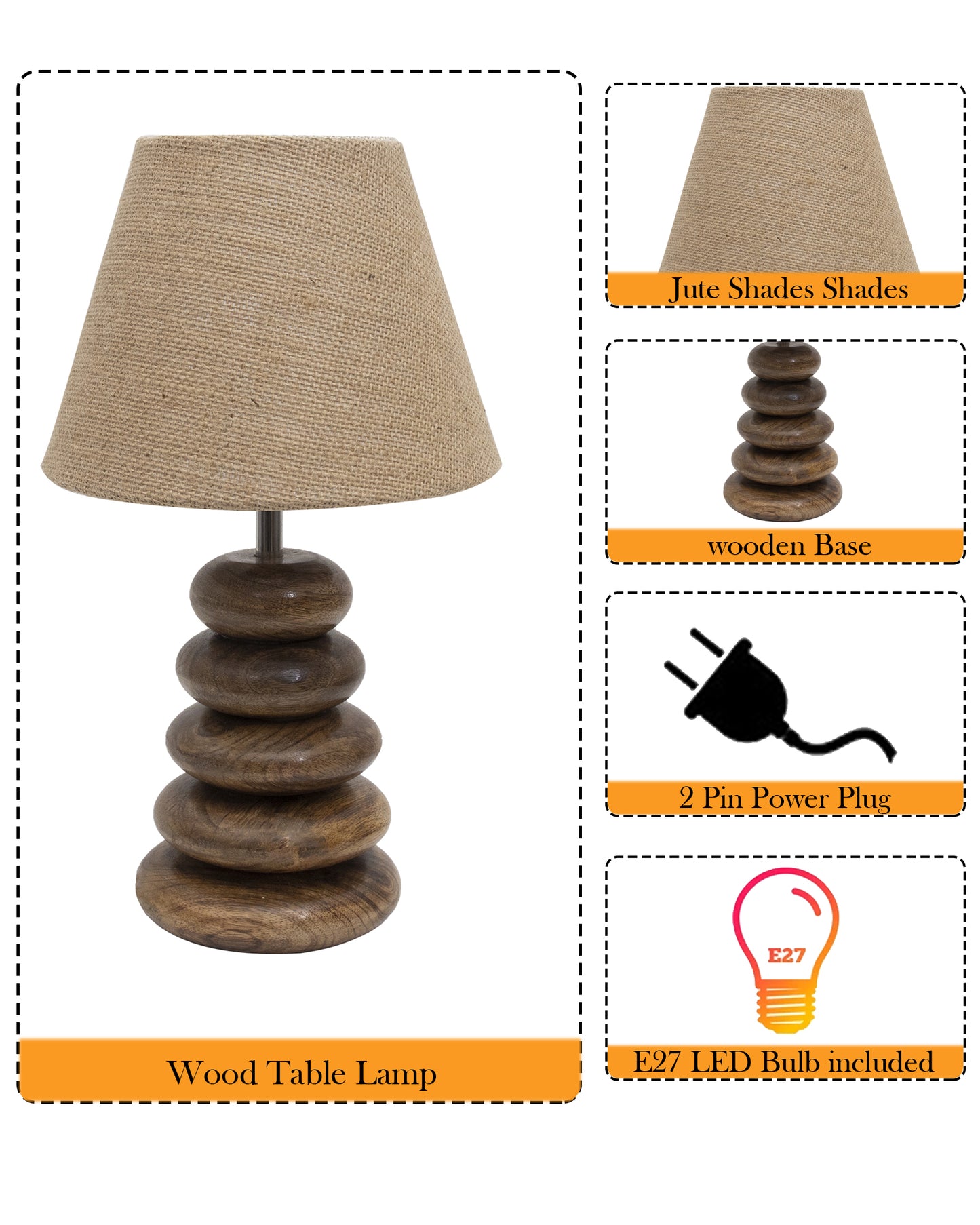 Wood Table Lamp French Country Rustic Bedside Desk Nightstand Lamp for Bedroom Living Room Office LED Bulb Included, Walnut Multi-Pebble