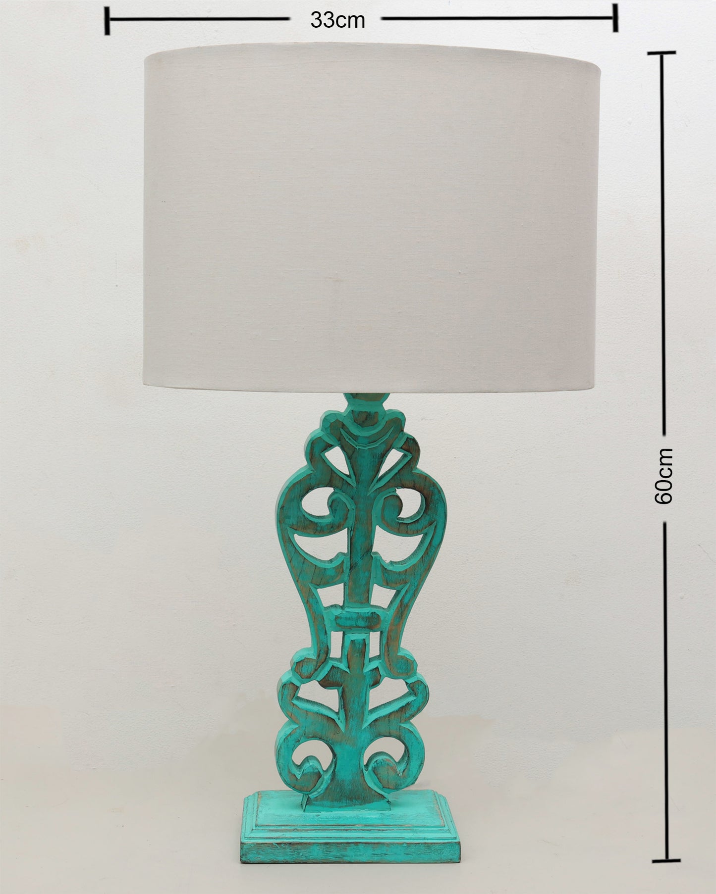 Sculptural Hand Carved Wood Table Lamp with Oval White shade, Mint Green