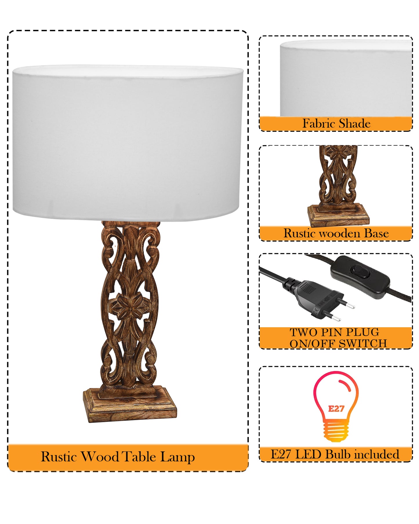Sculptural Hand Carved Wood Table Lamp with Oval White shade, Antique Black