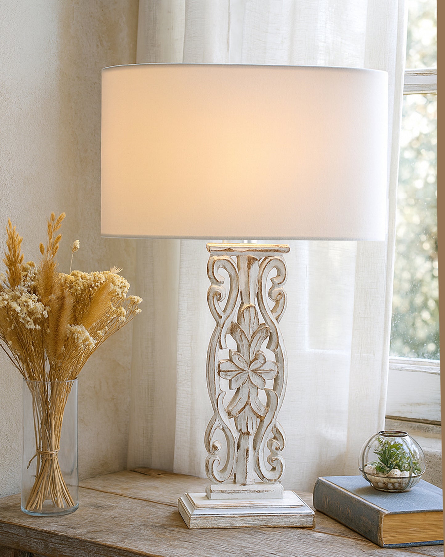 Sculptural Hand Carved Wood Table Lamp with Oval White shade, Antique Black