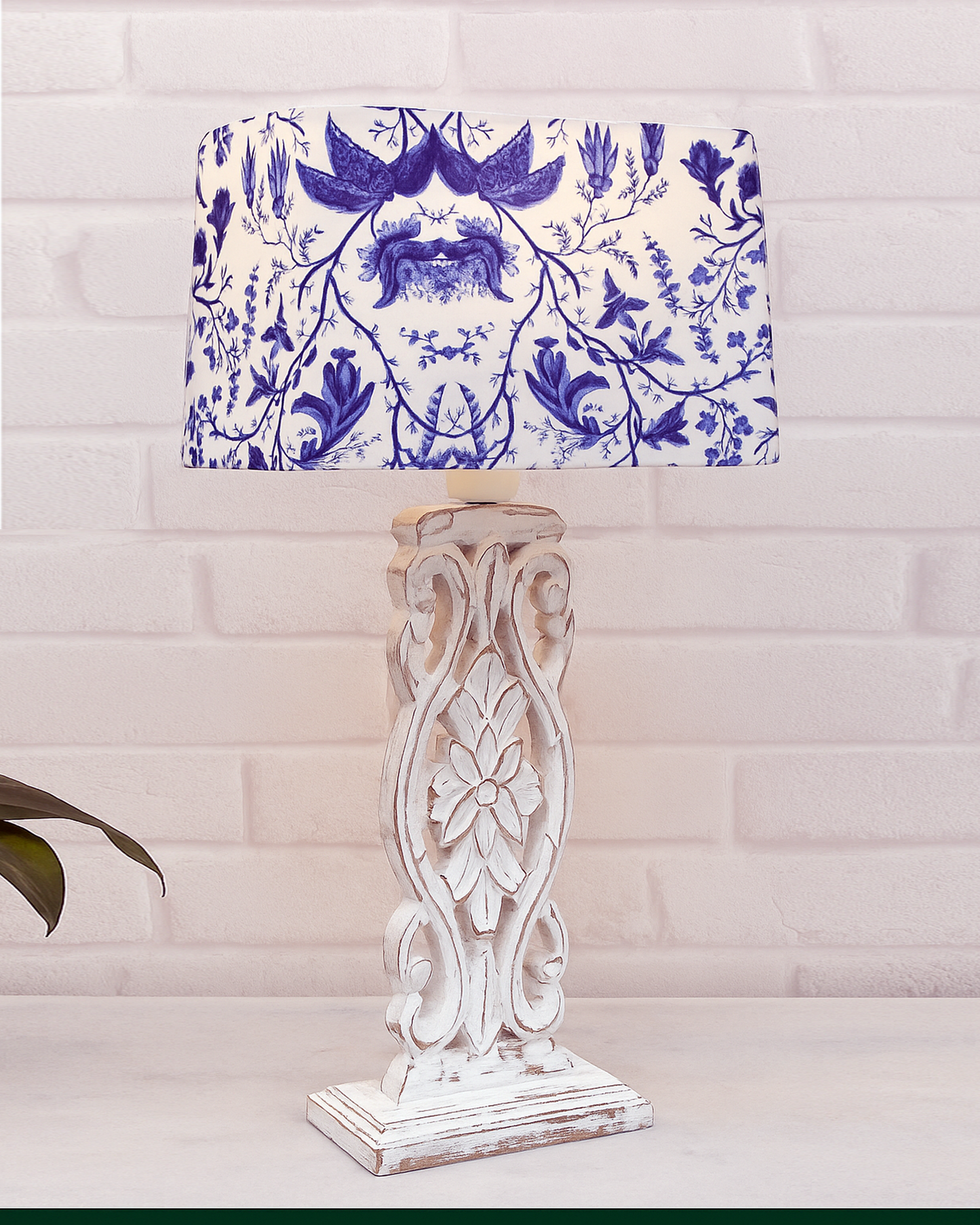 Sculptural Hand Carved Wood Table Lamp with Blue Birds shade, Mint Green.