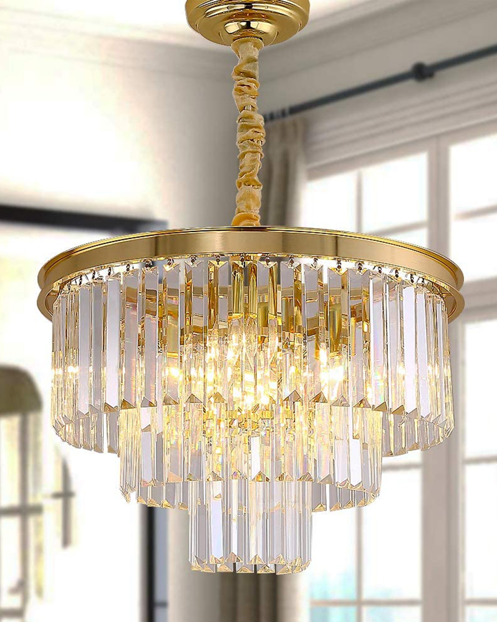 Modern Gold Crystal Chandelier Lights in Ceiling Pendant Light Fixtuers Round Tiers Chandelier