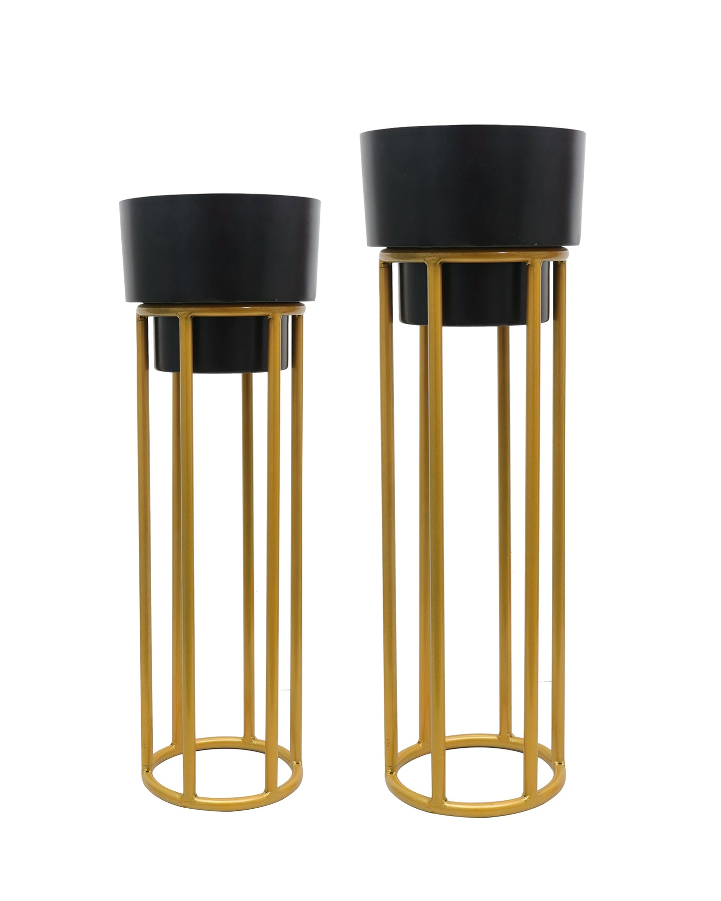 Metal Planters Outdoor & Indoor, Metal Farmhouse Decor for Garden, Patio, Porch & Balcony, Pots with Stand, Front Door Decorative set of 2, Black Round Base