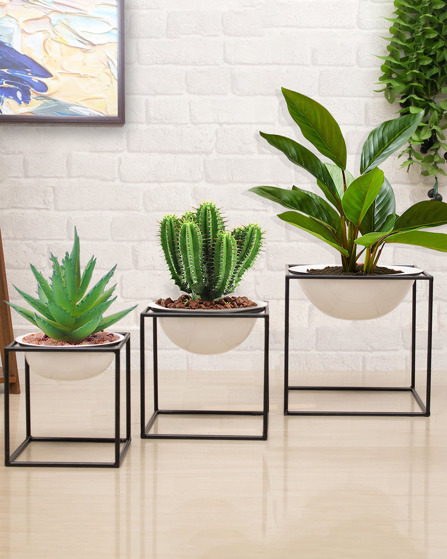 Metal Planters Outdoor & Indoor, Metal Farmhouse Decor for Garden, Patio, Porch & Balcony, Pots with Stand, Front Door Decorative set of 3, Black Cube Base, White