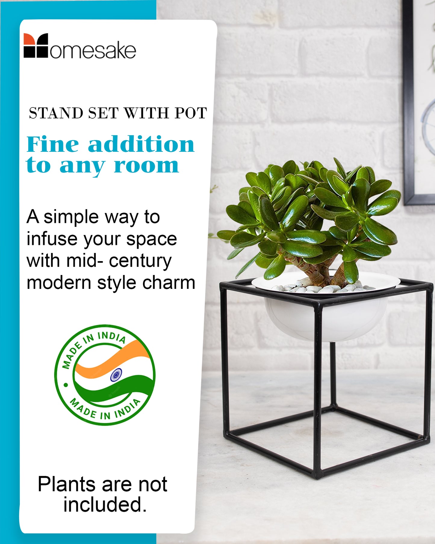 Metal Planters Outdoor & Indoor, Metal Farmhouse Decor for Garden, Patio, Porch & Balcony, Pots with Stand, Front Door Decorative set of 3, Black Cube Base, White