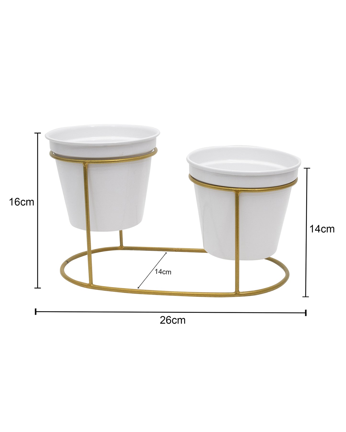 Combo of 2 Table Top Designer Metallic Gold Metal Stand with Planters, Small White Metal Pots for Livingroom, Balcony & Home Decoration, Twin Oval Planter