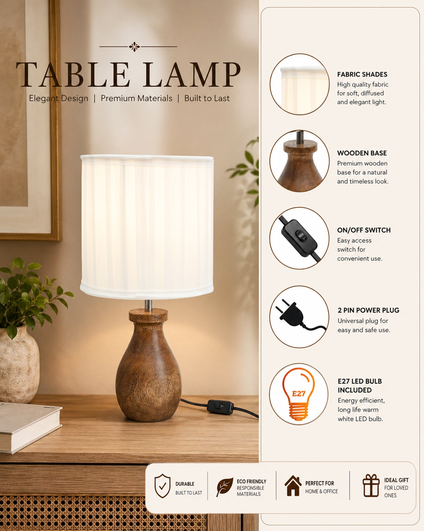 Dovel Pot Modern Table Lamp, Wooden Base Modern Fabric Lampshade for Home Office Cafe Restaurant, Dovel Pot