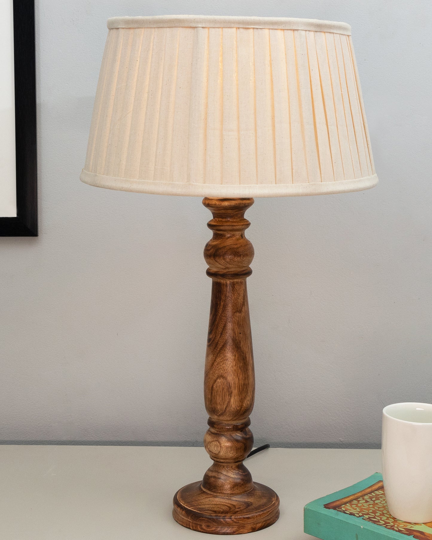 Floral Carved Black Wood Table Lamp With Empire Pleated Shade