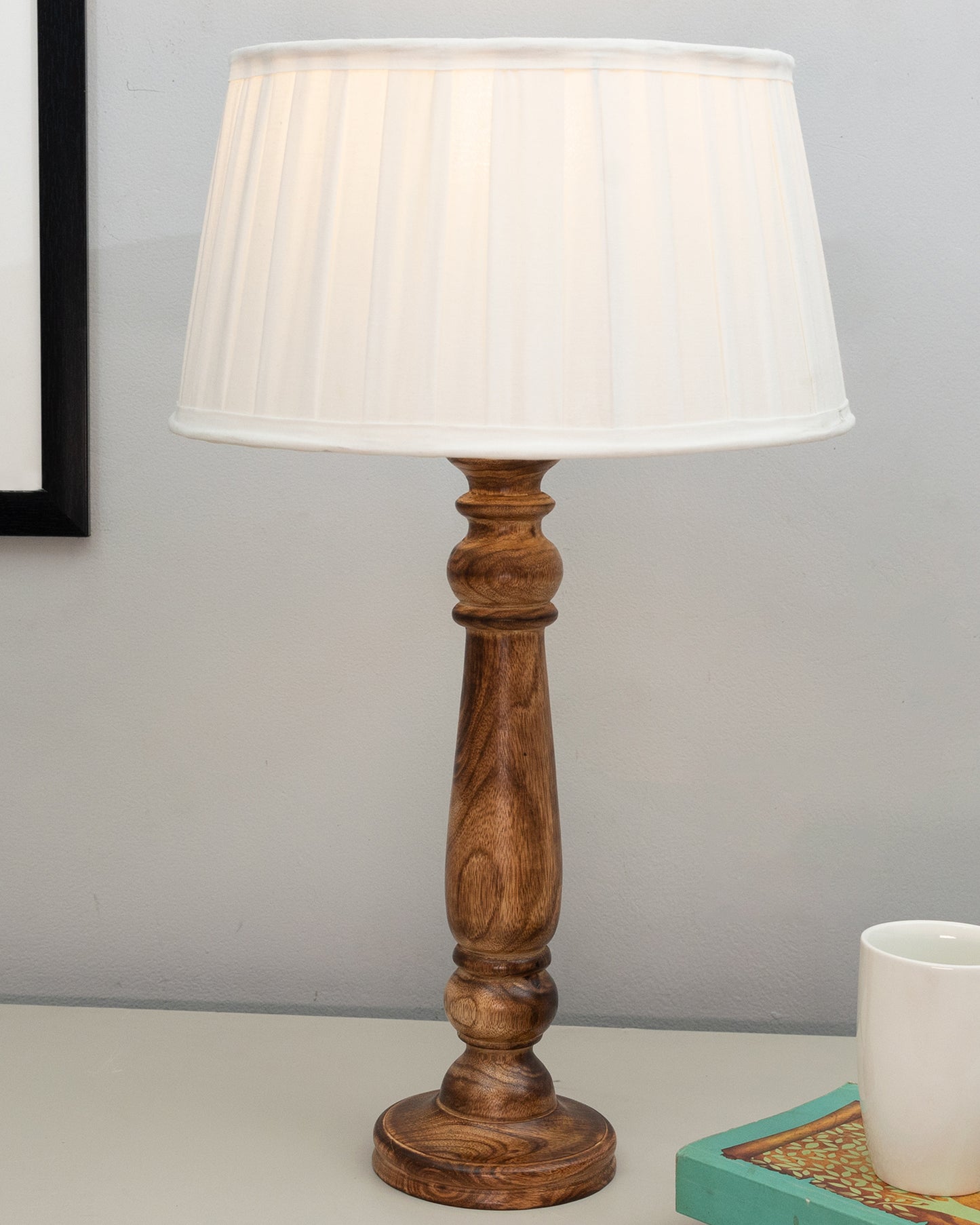 Floral Carved Black Wood Table Lamp With Empire Pleated Shade