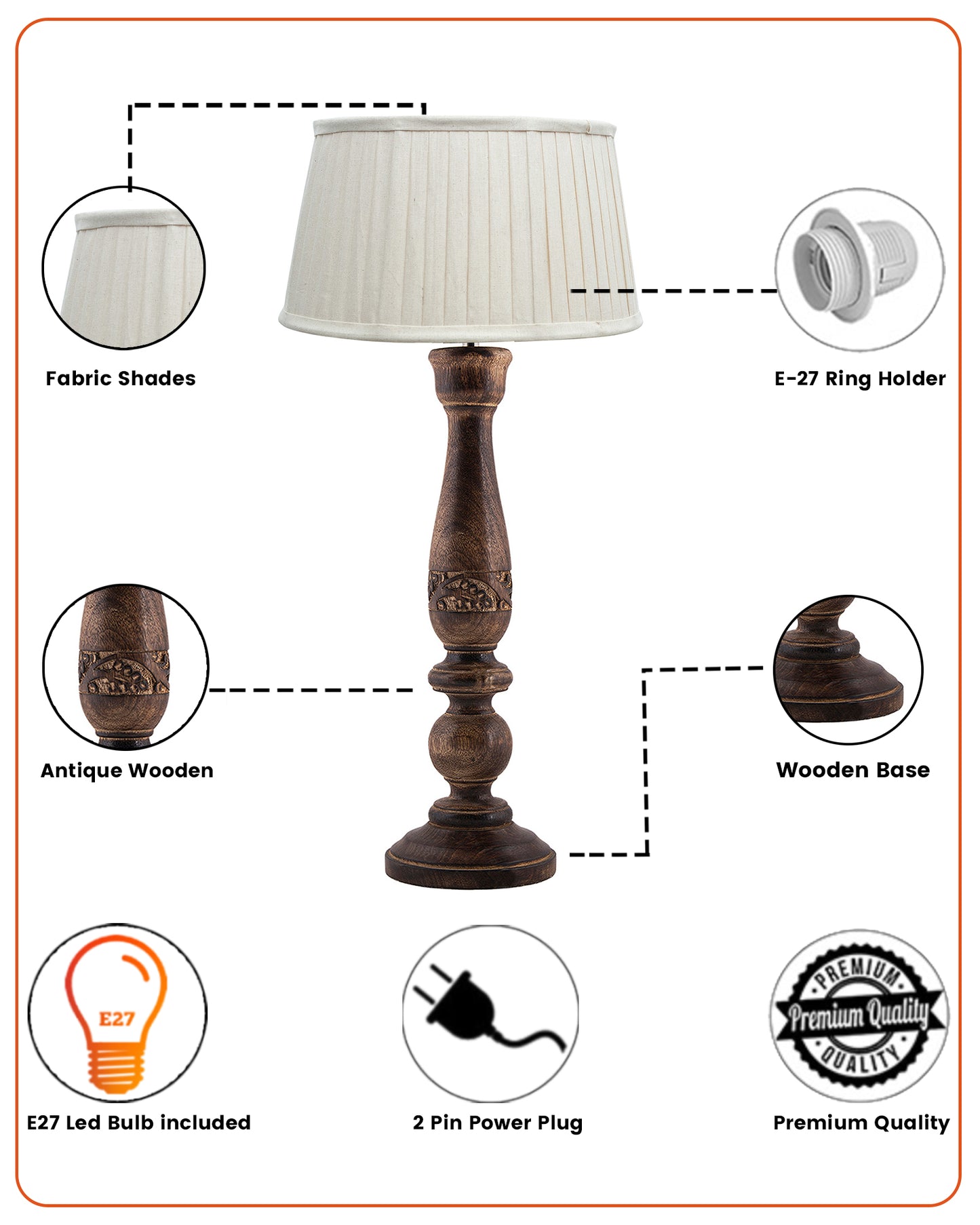 Mable Antique Wooden Table Lamp with Empire Pleated Shade