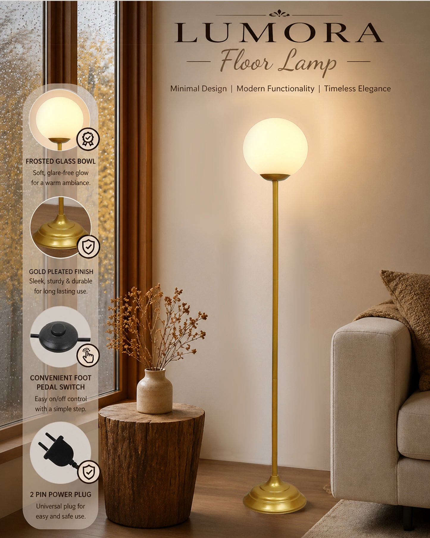 Homesake® Floor Lamp Standing Lamp | On/Off Foot Switch | Tall Modern Floor Lamp for Living Room | Bedrooms | Corner Lamp for Living Room | Office | Farmhouse | (Matt Black)