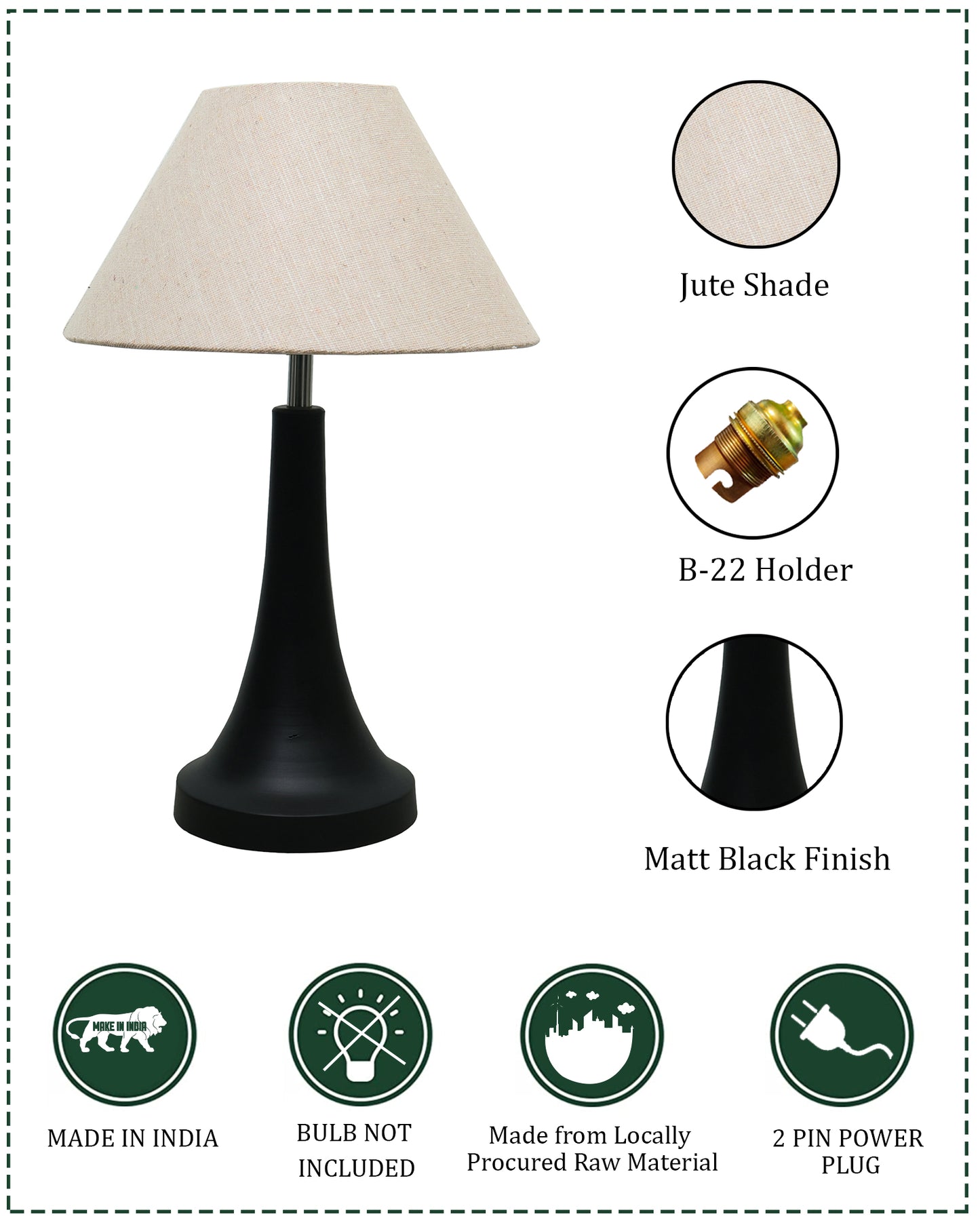 Black Metal Cone Table Lamp with Fabric Shade, B22 holder Nightstand Lamp