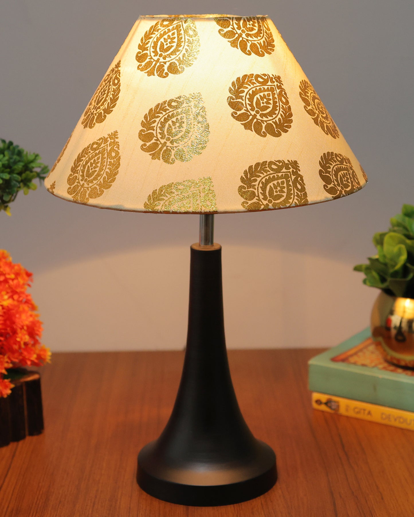 Black Metal Cone Table Lamp with Fabric Shade, B22 holder Nightstand Lamp