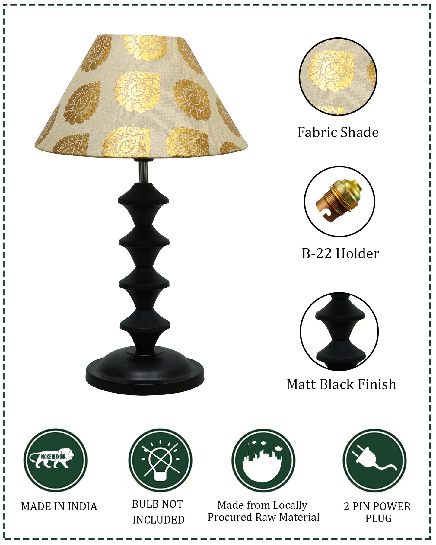 Black Metal Table Lamp with Fabric Shade, B22 holder, Pillar