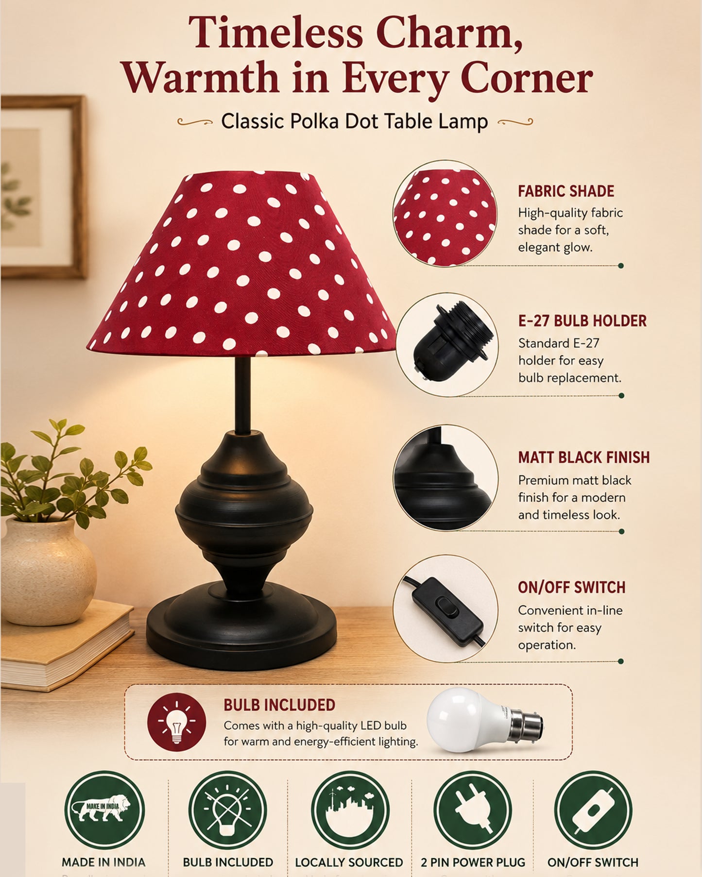 Black Metal Table Lamp | for Living Room | Modern Bedside Light with Pleated Shade | Decorative Night Lamp for Bedroom, Study, Office | Home Decor Lighting, E27 holder, Urn