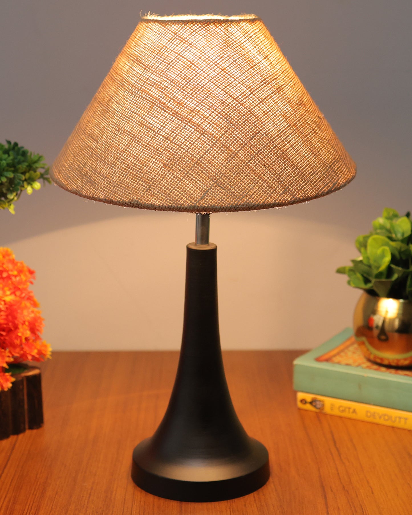 Black Metal Cone Table Lamp with Fabric Shade, B22 holder Nightstand Lamp