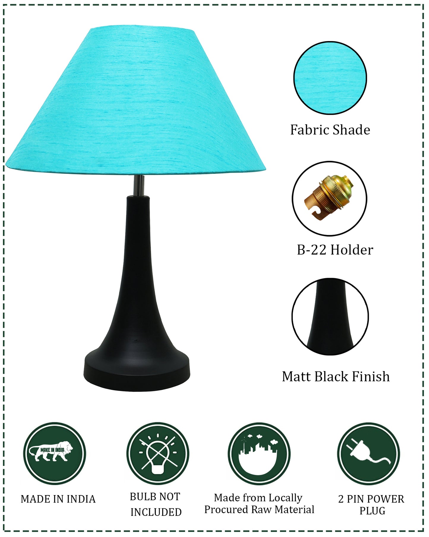 Black Metal Cone Table Lamp with Fabric Shade, B22 holder Nightstand Lamp