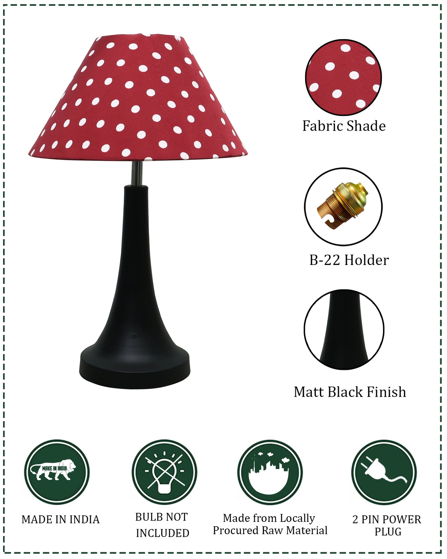 Black Metal Cone Table Lamp with Fabric Shade, B22 holder Nightstand Lamp