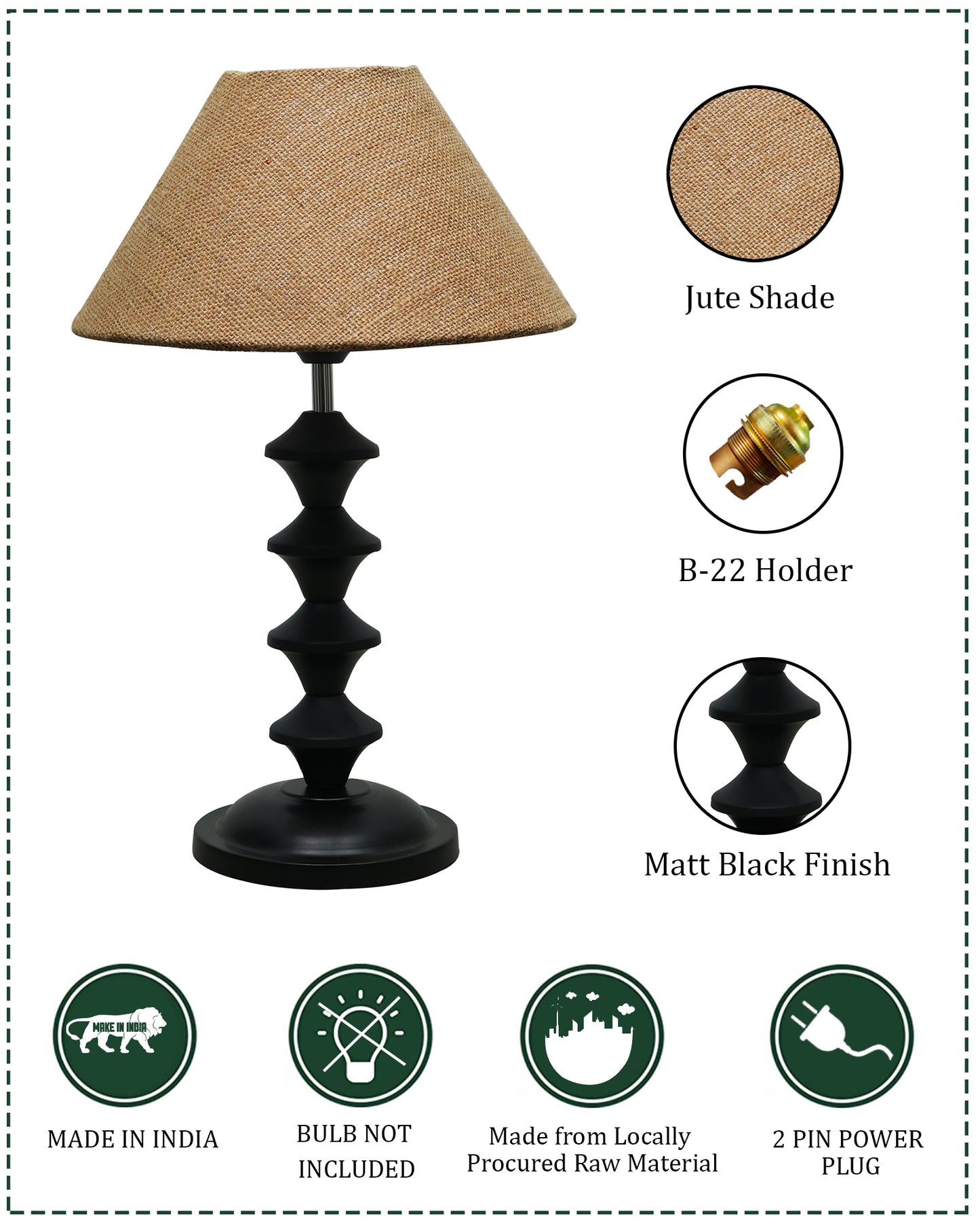 Black Metal Table Lamp with Fabric Shade, B22 holder, Pillar
