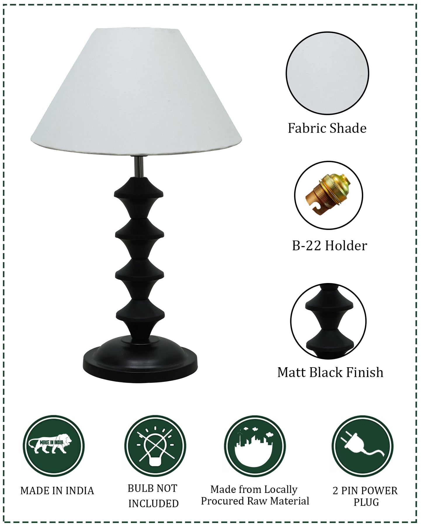 Black Metal Table Lamp with Fabric Shade, B22 holder, Pillar