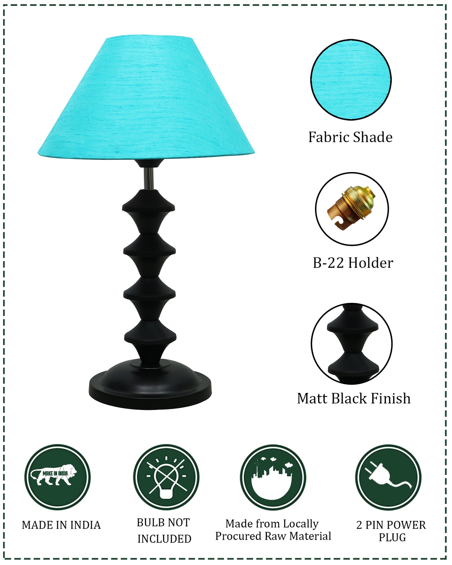 Black Metal Table Lamp with Fabric Shade, B22 holder, Pillar