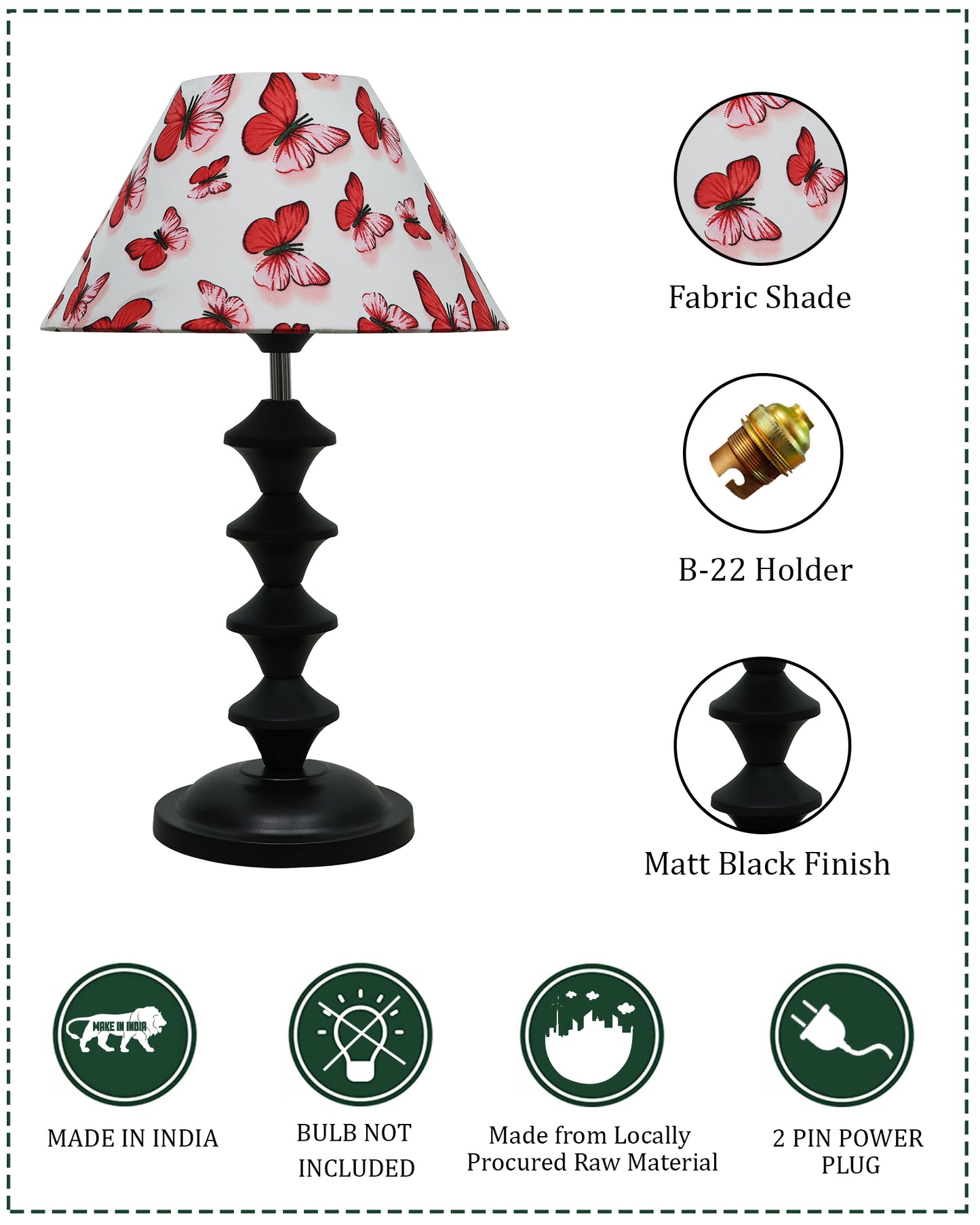 Black Metal Table Lamp with Fabric Shade, B22 holder, Pillar