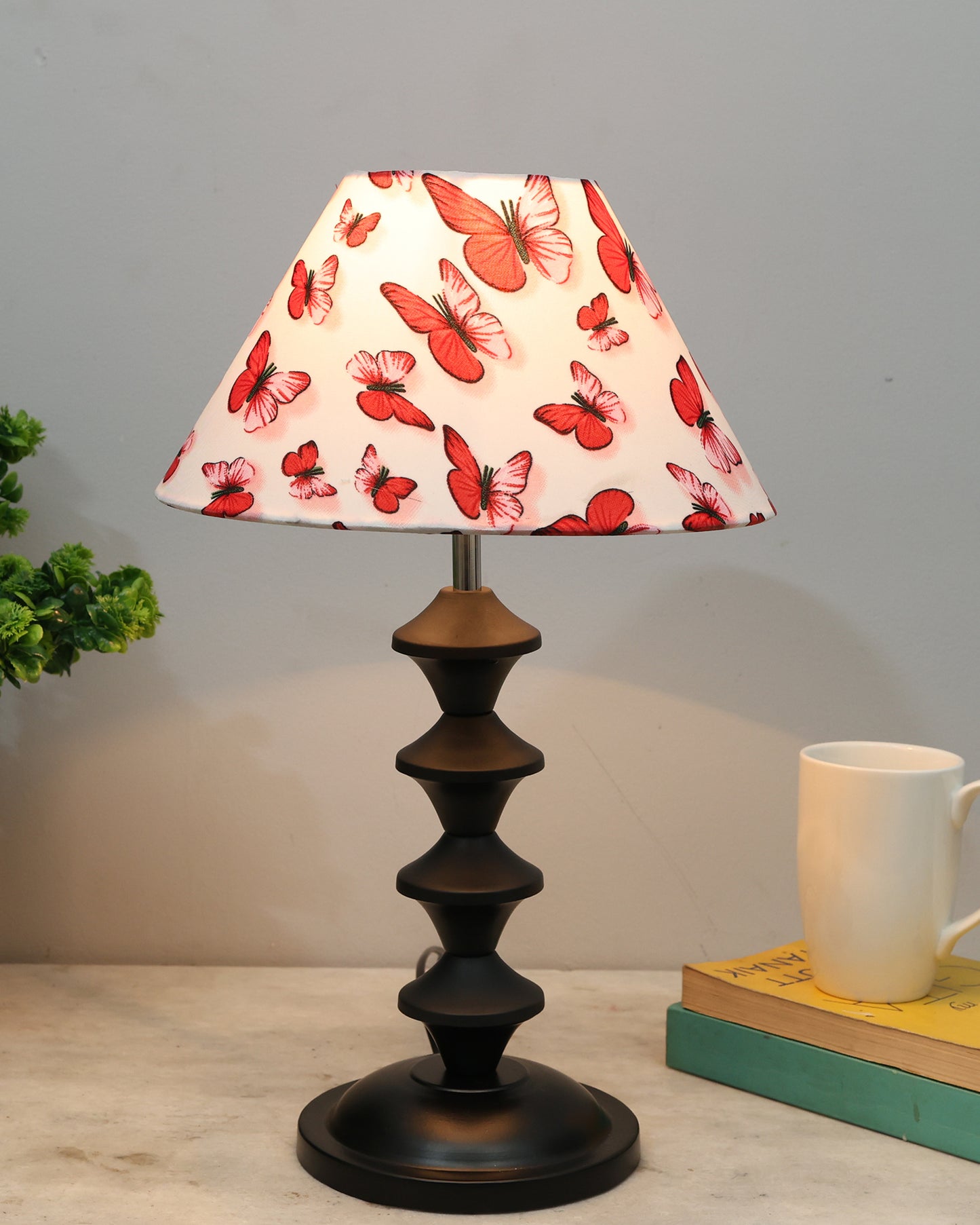 Black Metal Table Lamp with Fabric Shade, B22 holder, Pillar