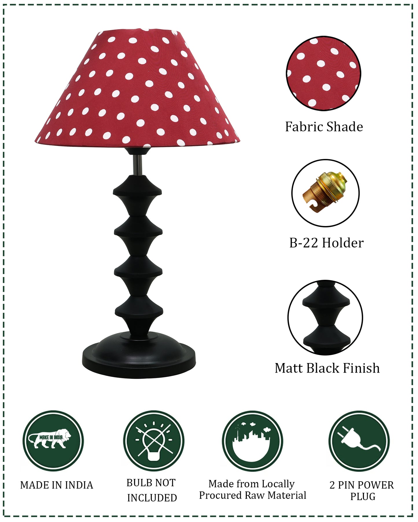 Black Metal Table Lamp with Fabric Shade, B22 holder, Pillar
