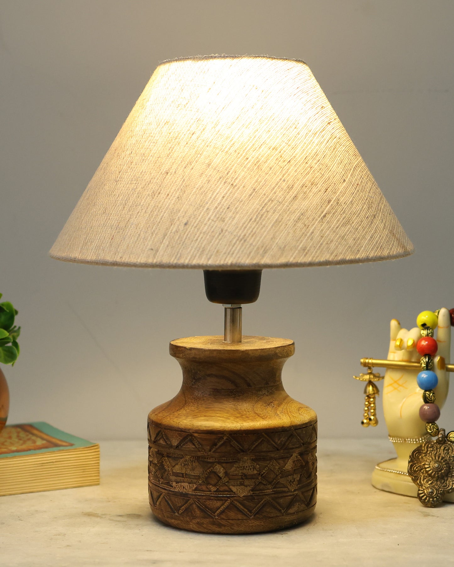 Wood Table Lamp, Modern Base Fabric Lampshade for Home Office Cafe Restaurant, Carved Pot