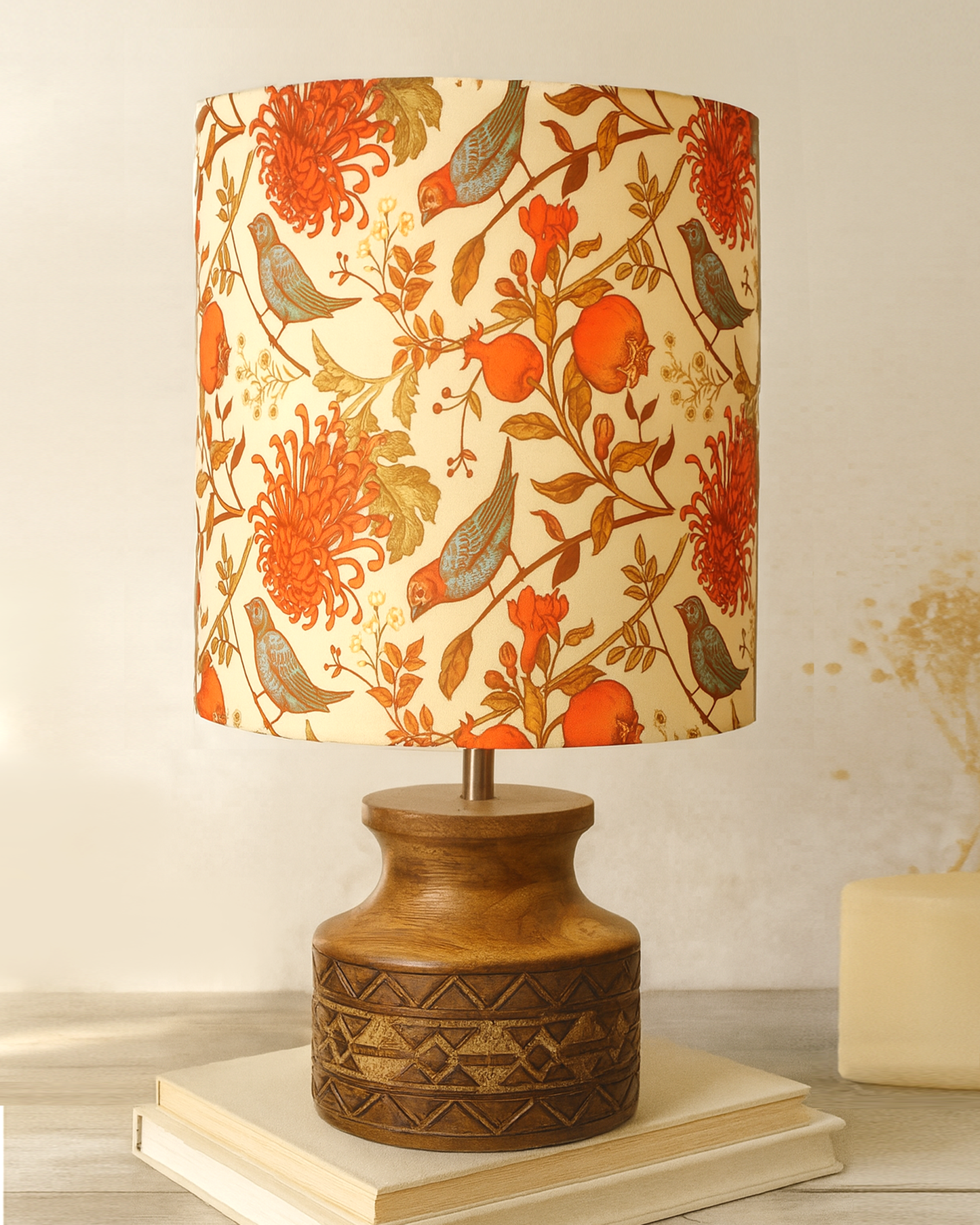 Wood Table Lamp, Modern Base Fabric Lampshade for Home Office Cafe Restaurant, Carved Pot