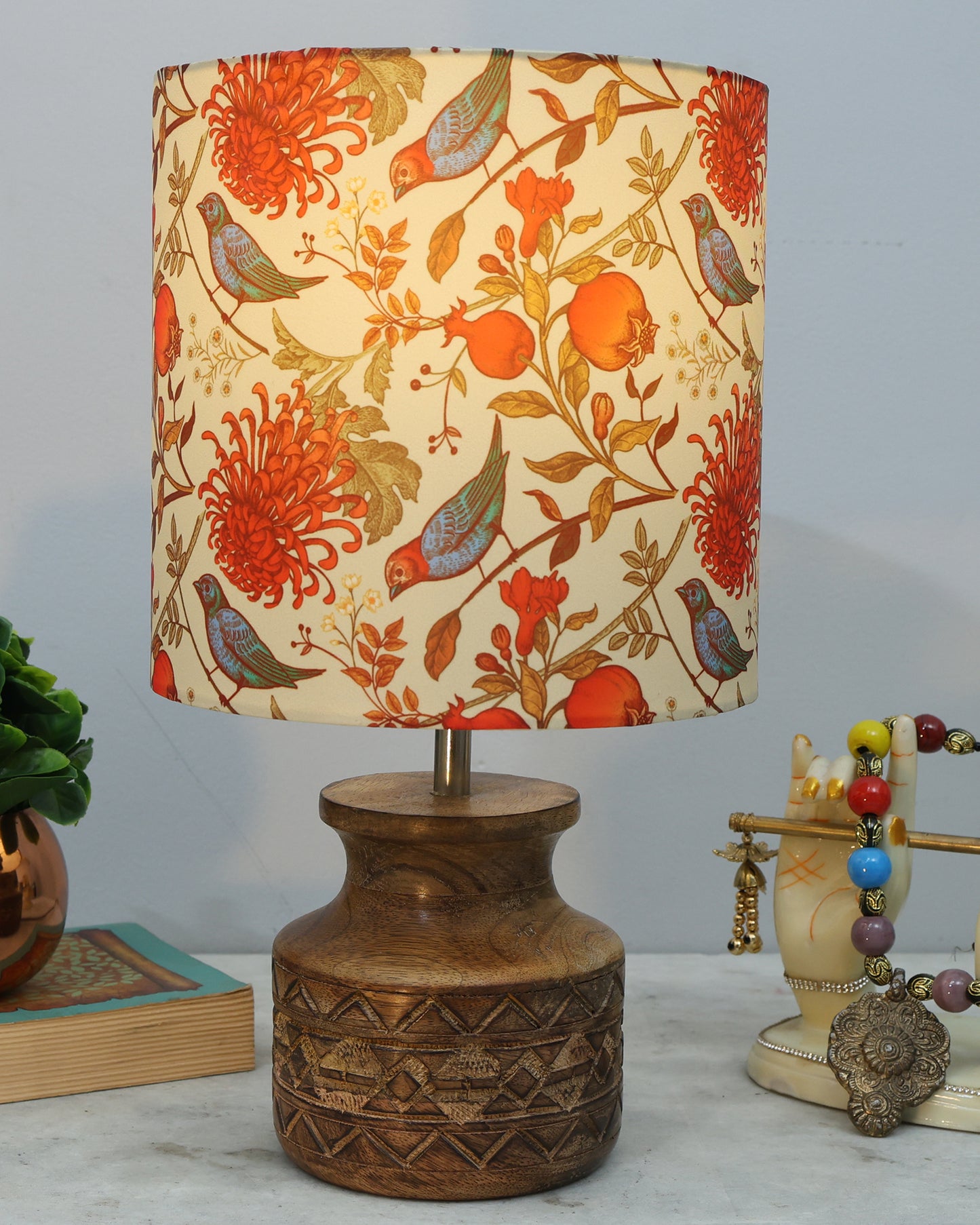 Wood Table Lamp, Modern Base Fabric Lampshade for Home Office Cafe Restaurant, Carved Pot