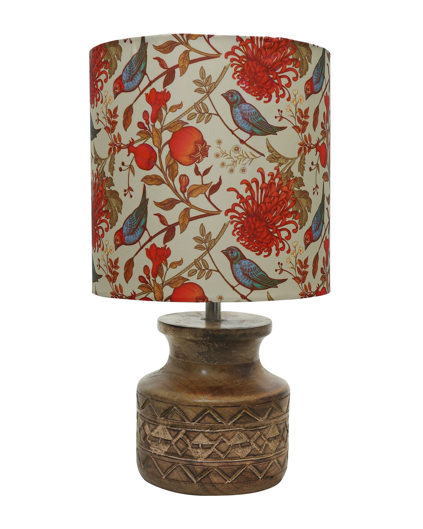 Wood Table Lamp, Modern Base Fabric Lampshade for Home Office Cafe Restaurant, Carved Pot