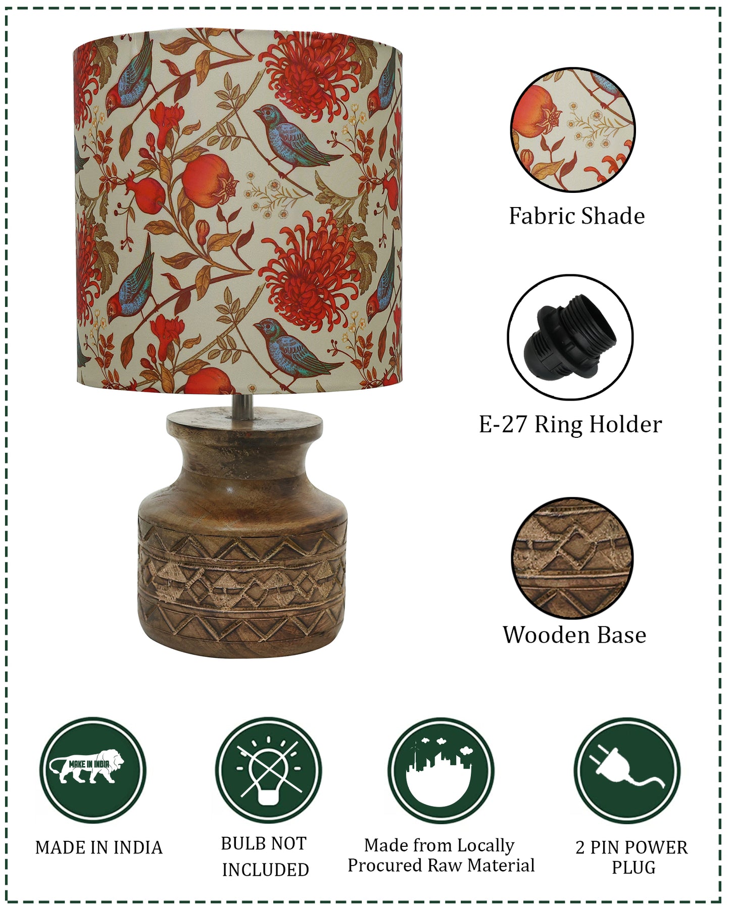 Wood Table Lamp, Modern Base Fabric Lampshade for Home Office Cafe Restaurant, Carved Pot