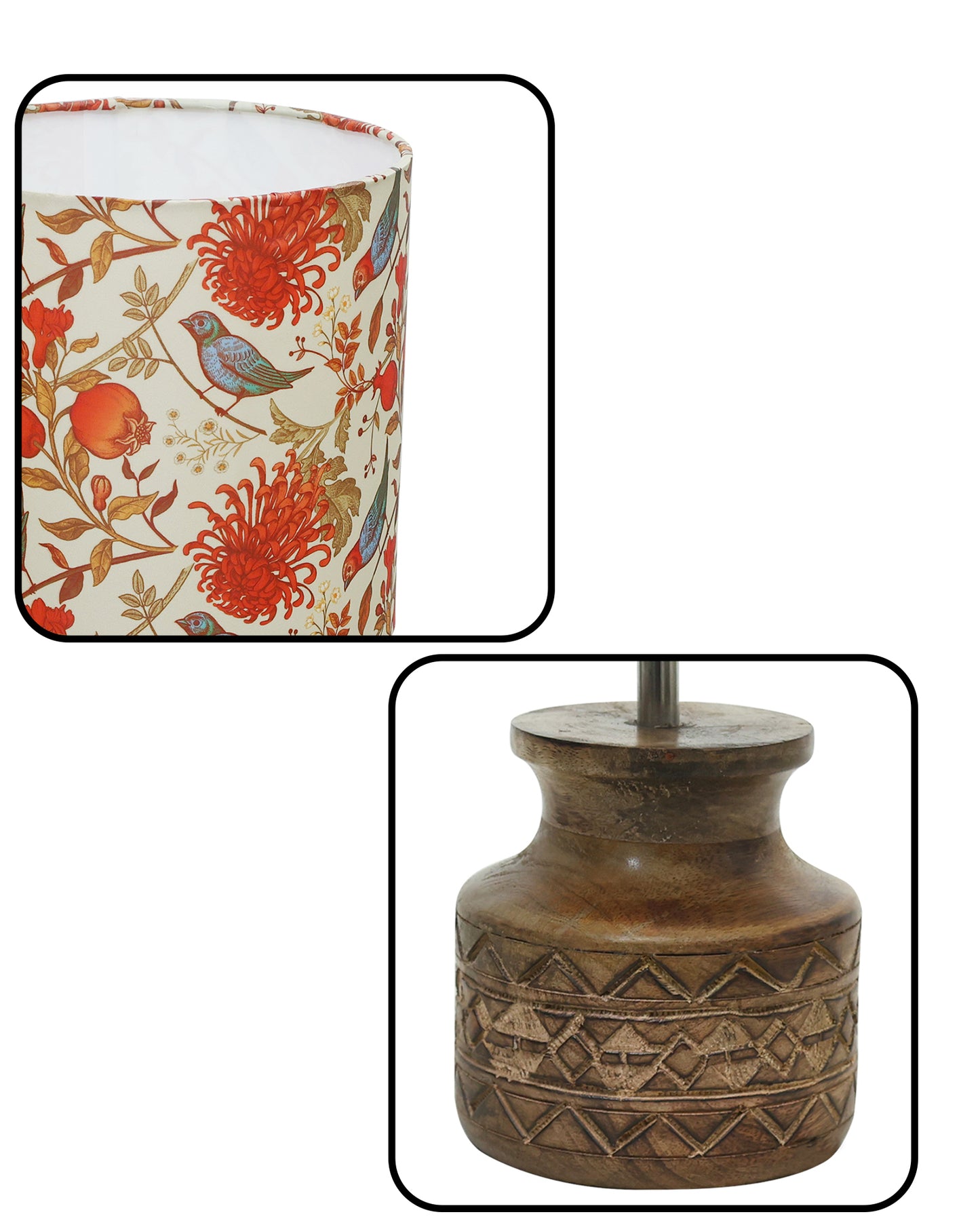Wood Table Lamp, Modern Base Fabric Lampshade for Home Office Cafe Restaurant, Carved Pot