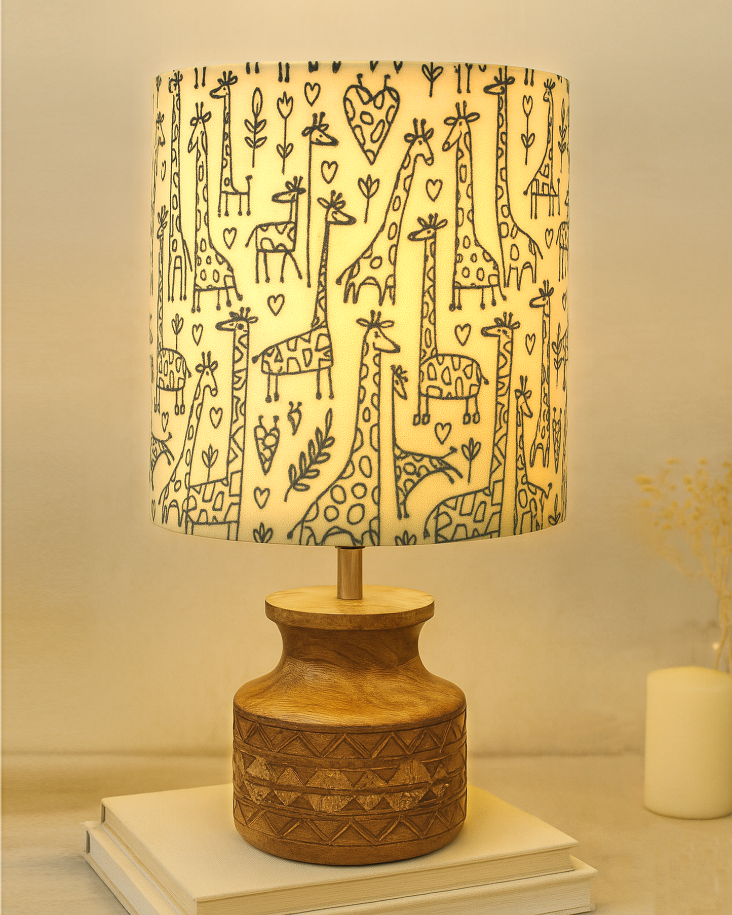 Wood Table Lamp, Modern Base Fabric Lampshade for Home Office Cafe Restaurant, Carved Pot