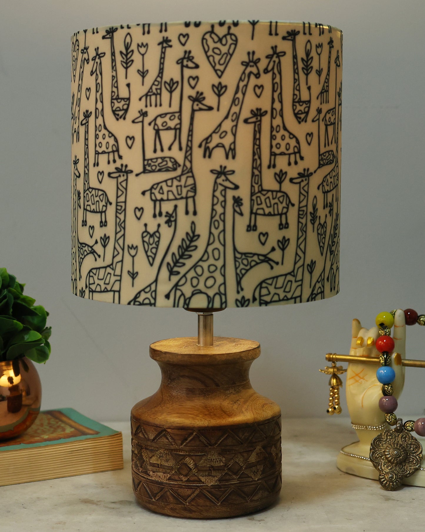 Wood Table Lamp, Modern Base Fabric Lampshade for Home Office Cafe Restaurant, Carved Pot