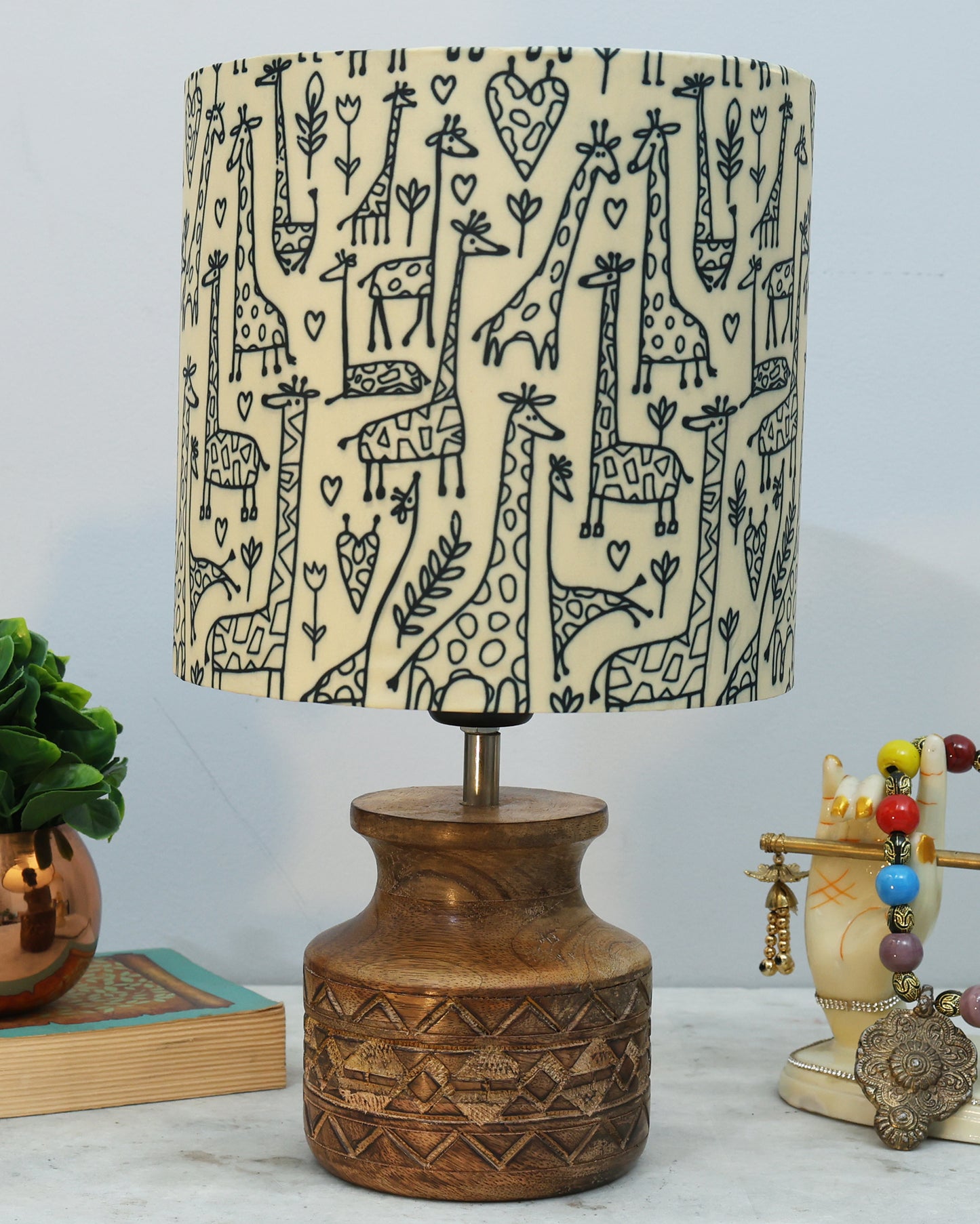 Wood Table Lamp, Modern Base Fabric Lampshade for Home Office Cafe Restaurant, Carved Pot