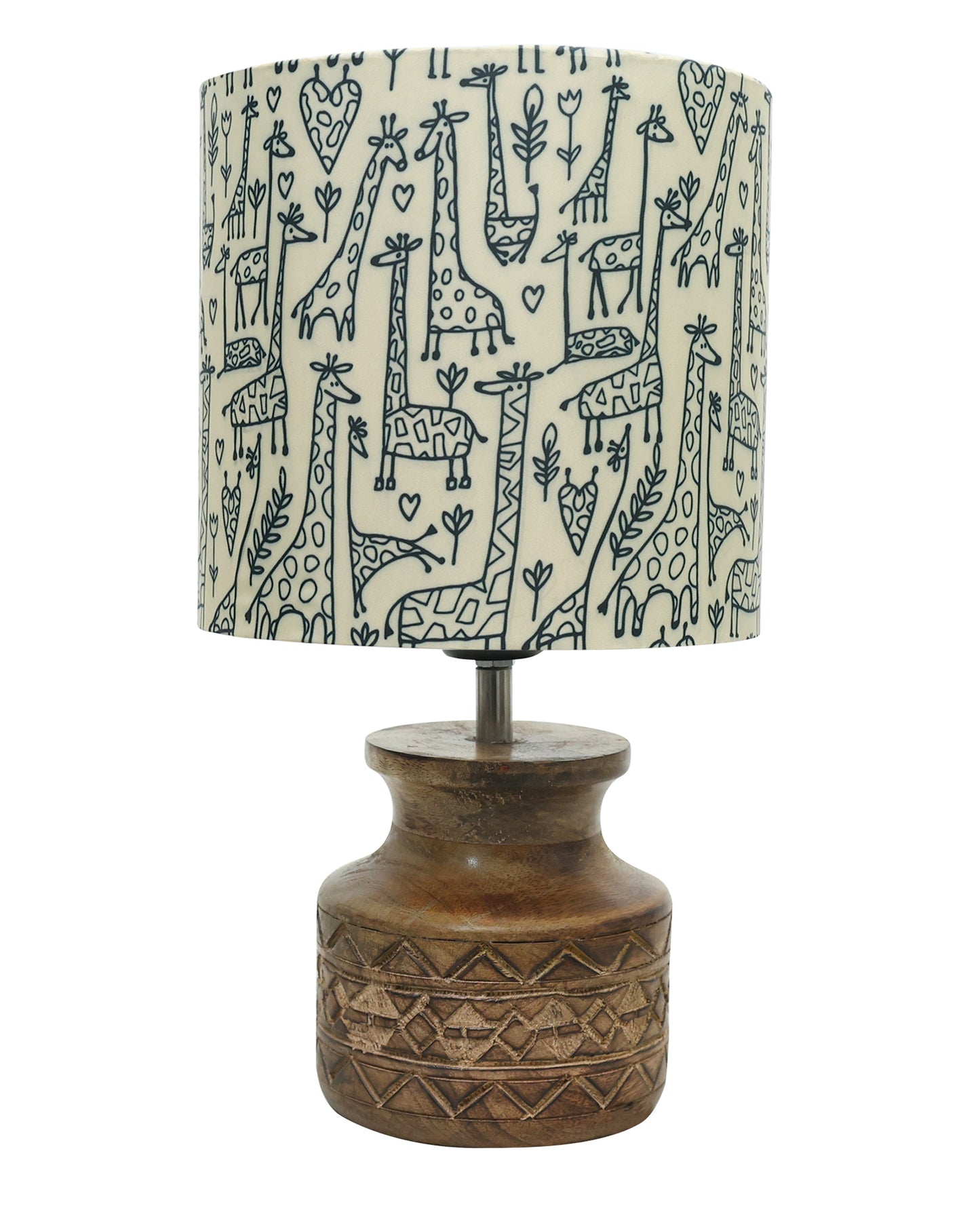 Wood Table Lamp, Modern Base Fabric Lampshade for Home Office Cafe Restaurant, Carved Pot