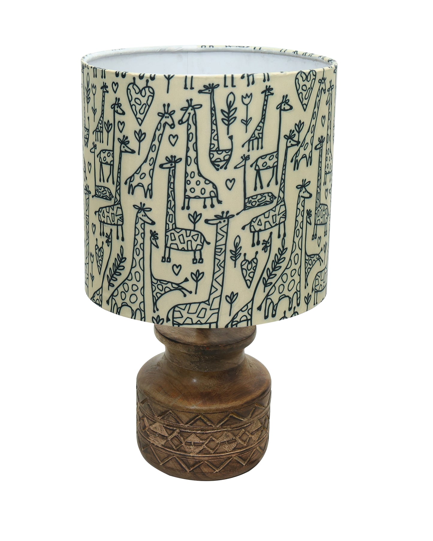 Wood Table Lamp, Modern Base Fabric Lampshade for Home Office Cafe Restaurant, Carved Pot