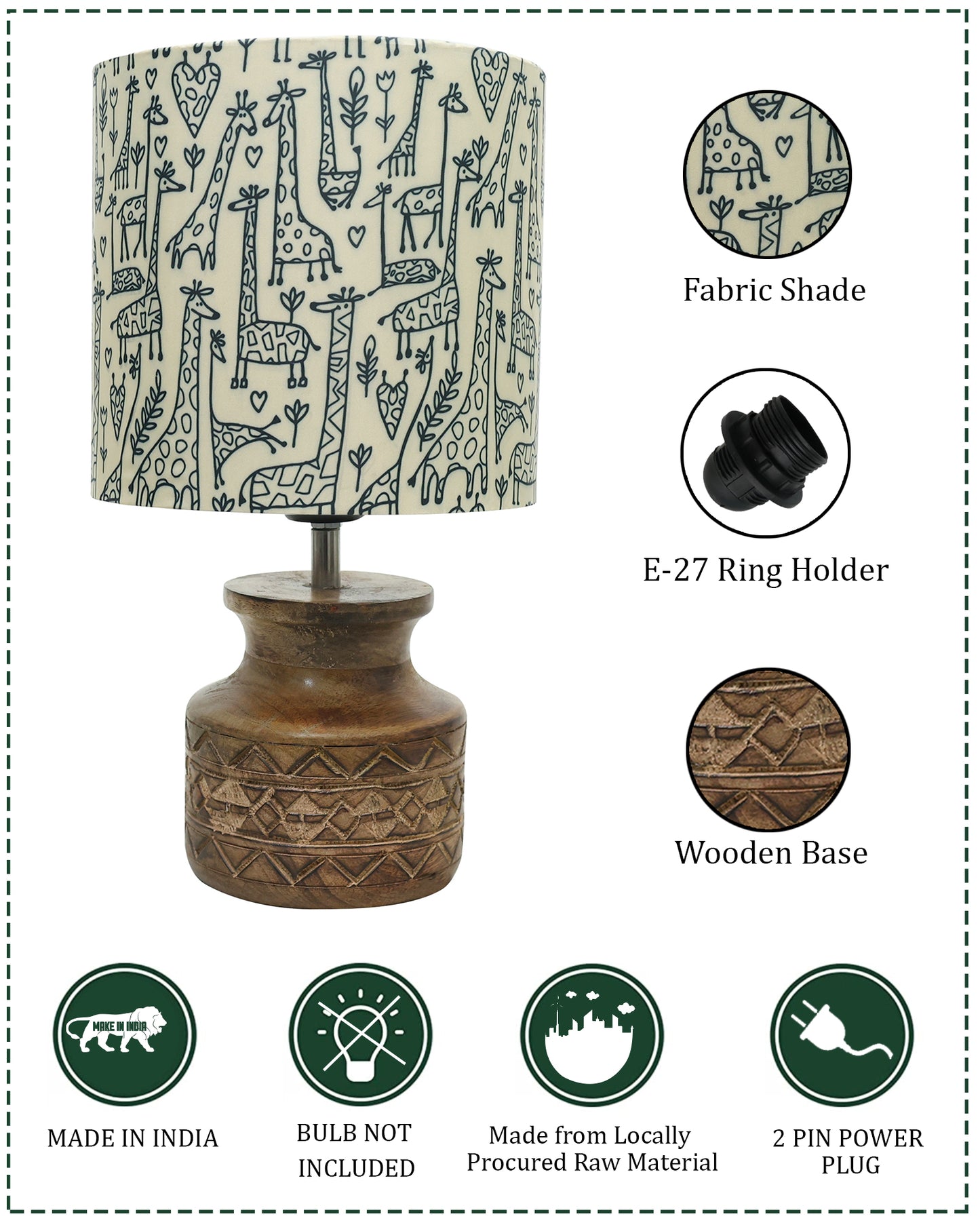 Wood Table Lamp, Modern Base Fabric Lampshade for Home Office Cafe Restaurant, Carved Pot