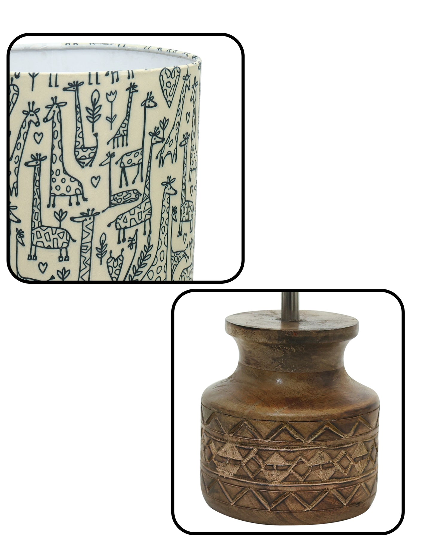 Wood Table Lamp, Modern Base Fabric Lampshade for Home Office Cafe Restaurant, Carved Pot