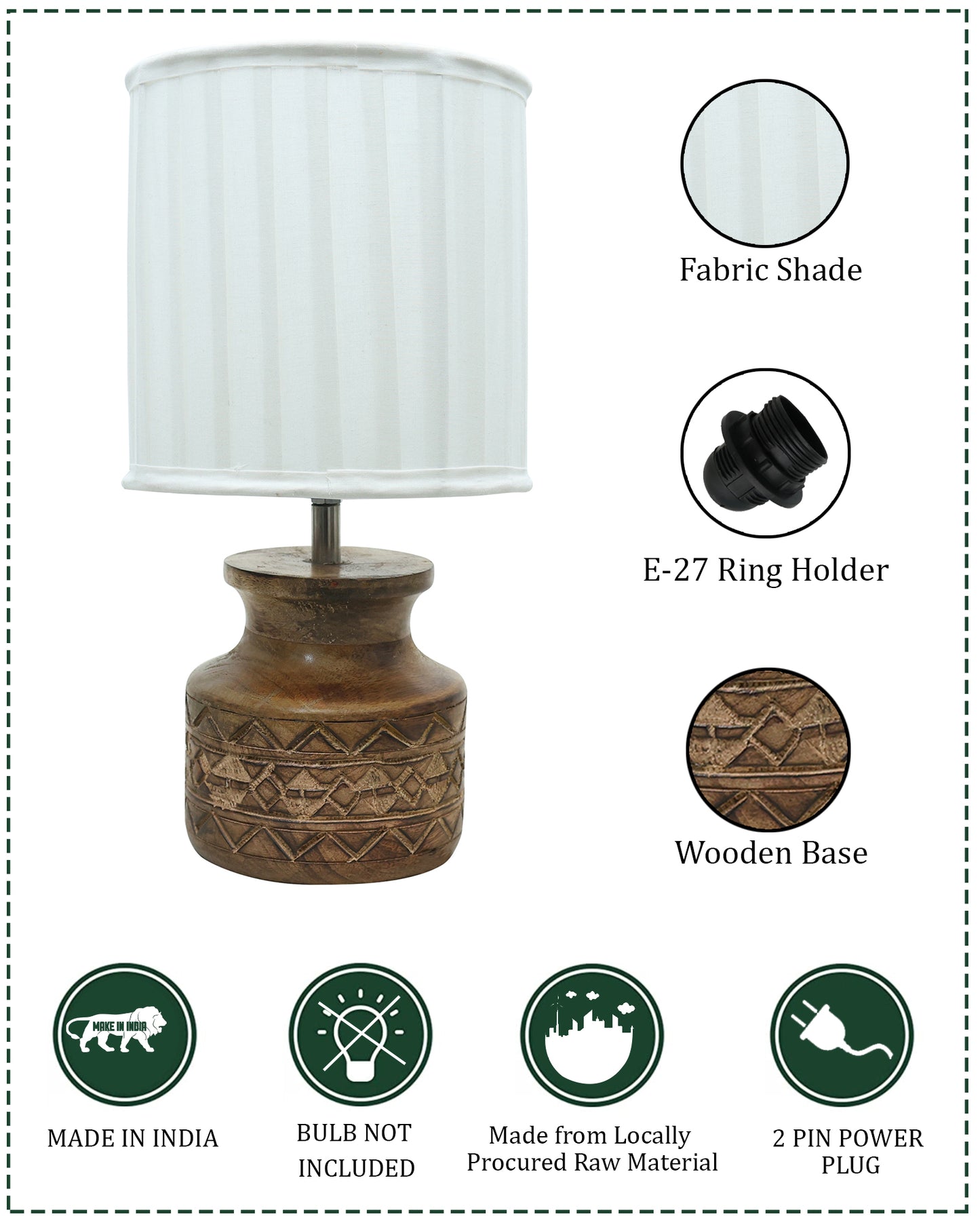 Wood Table Lamp, Modern Base Fabric Lampshade for Home Office Cafe Restaurant, Carved Pot